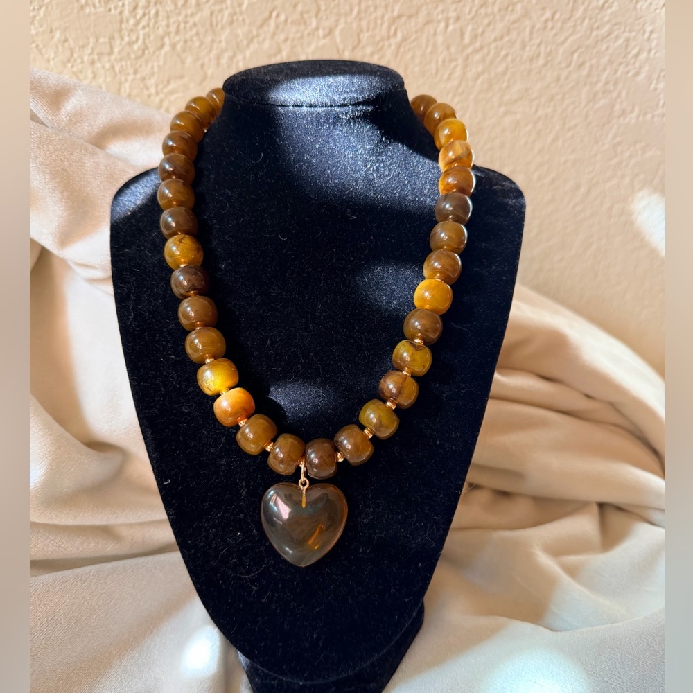 Resin Heart Necklace Beaded Brown Claude Sezane Style